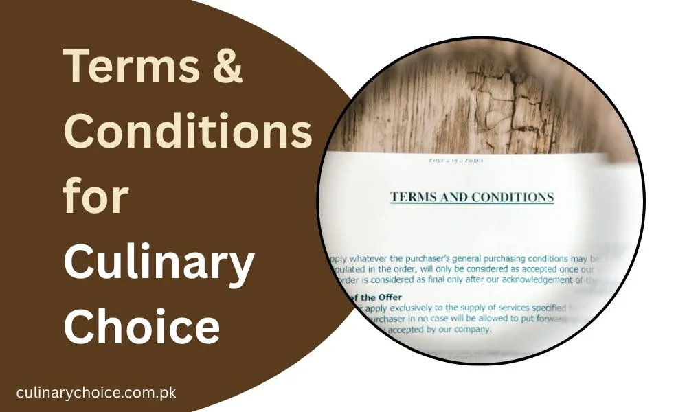 Legal terms and conditions document with Culinary Choice logo on a neutral business background