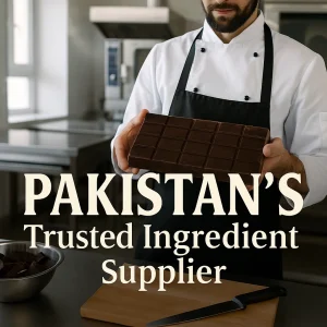 Chef holding a premium chocolate slab in a commercial kitchen