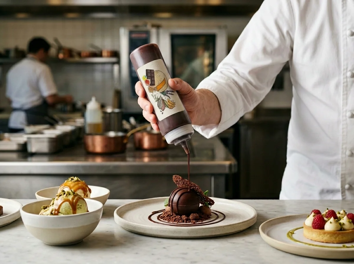 OLMEC topping sauces used in professional dessert presentation