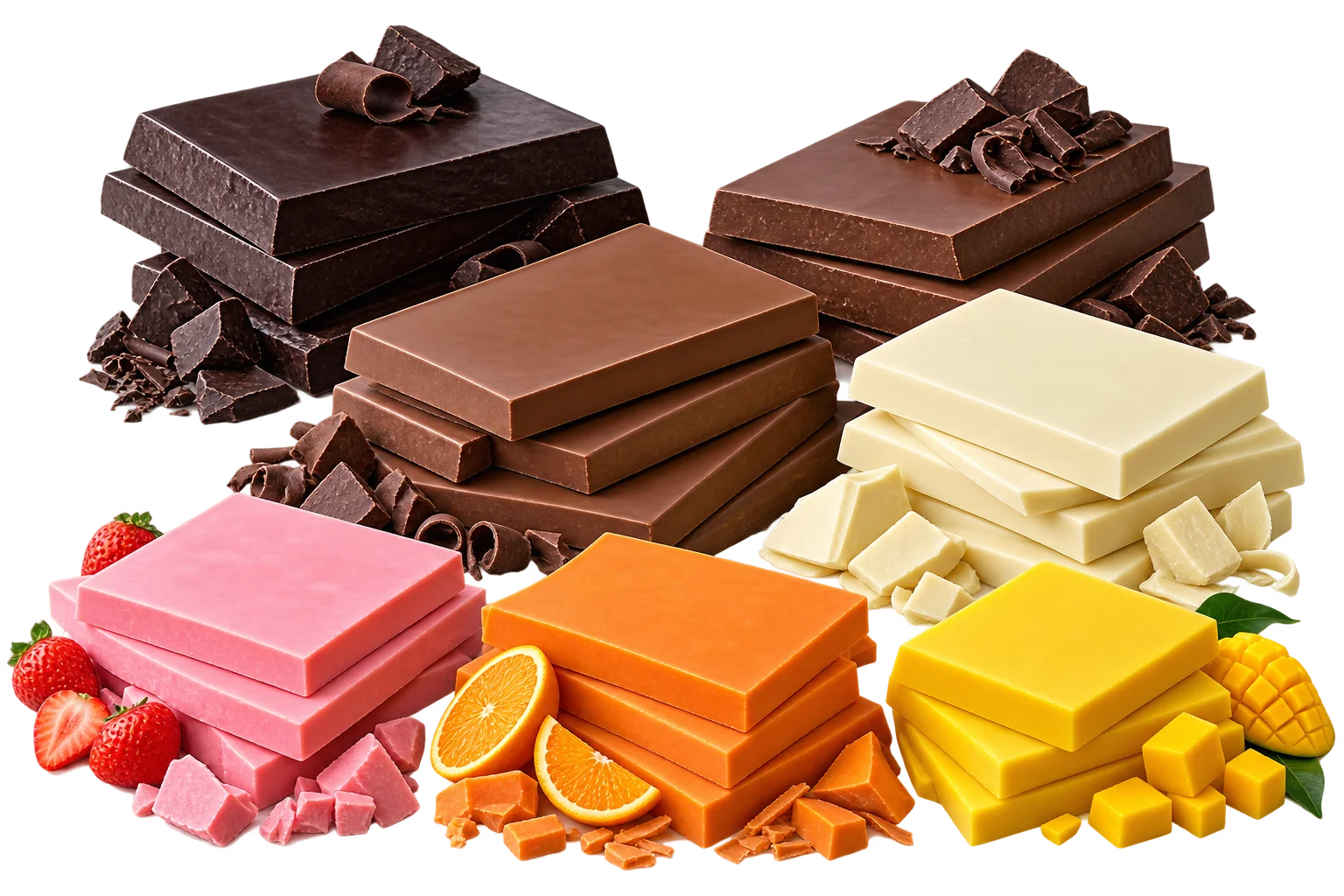 2 KG solid chocolate slabs including dark, milk, white, strawberry, orange and mango chocolate